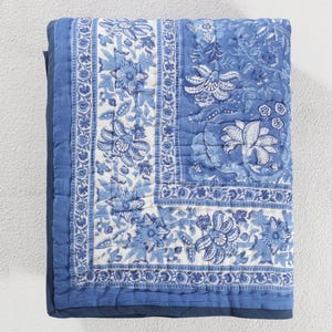 Blue Comforter Quilt Hand Block Printed Cotton Cloth Quilted Throw Blanket Cover for Couch and Bed Lap Bedding Coverlet Oversized Quilt