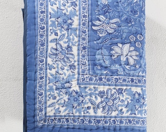 Edredón azul con estampado a mano en tela de algodón, manta acolchada para sofá y cama, cubrecama extragrande.