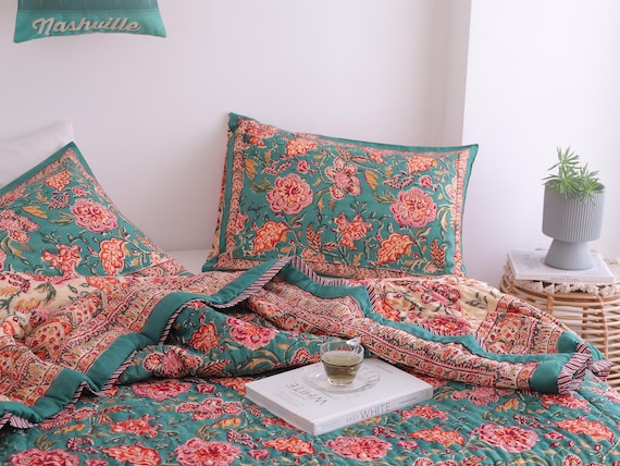 Teal Blue Boho Block Print Quilt Reversible Floral Blanket Soft Summer Quilt Jaipuri Bedspread Cozy Indian Comforter All Season Queen Quilt