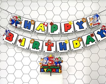 Personalized Mario Brothers and Sonic Happy Birthday Banner and Cake Topper| Mario and Sonic Banner | Mario And Sonic Cake Topper