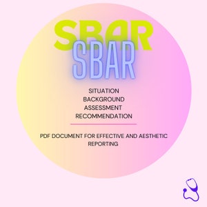 Puede incluir: Un círculo rosa y amarillo con el acrónimo "SBAR" escrito en letras azules y amarillas. Las palabras "Situación, Antecedentes, Evaluación, Recomendación" están escritas debajo del acrónimo. El texto "Documento PDF para informes efectivos y estéticos" está debajo de las palabras. Un estetoscopio morado está en la esquina inferior derecha de la imagen.