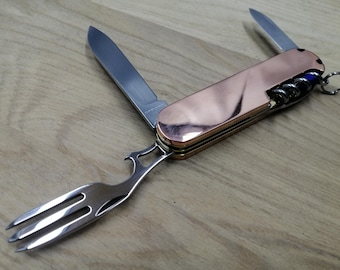 Scyzoryk kieszonkowy Sak 91 mm VICTOR INOX, edc SAK, dwa ostrza i widelec, miedziane okładziny, mosiężne wkładki, śrubokręt w kolorze niebieskim do Sak