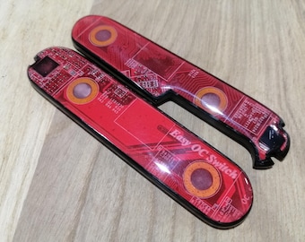 Zwitsers zakmes, 91 mm, VICTOR INOX handgreep, EDCSAK, rode moederbord-inzetstukken, achtergrondverlichting in het donker, carbon basis voor Cybertool