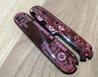 Zwitsers zakmes, 91 mm, VICTOR INOX handgreep, EDCSAK, rode moederbord-inzetstukken, achtergrondverlichting in het donker, carbon basis voor Cybertool