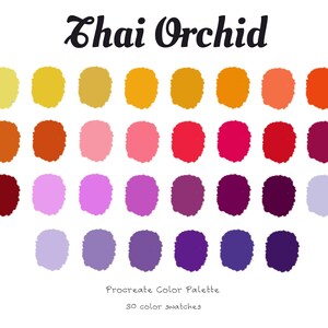 Könnte beinhalten: Eine digitale Farbpalette namens "Thai Orchid" mit 30 Farbfeldern in Gelb-, Orange-, Rot-, Rosa-, Lila- und Lavendeltönen. Die Palette ist für die Verwendung in der Procreate-App konzipiert.