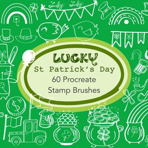 May include: A green background with white line art illustrations of St. Patrick's Day themed elements. Includes rainbows, shamrocks, leprechaun hats, pots of gold, and the text "Lucky St. Patrick's Day 60 Procreate Stamp Brushes."