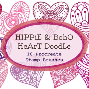 May include: A set of 10 Procreate stamp brushes featuring intricate, hand-drawn heart designs in pink, purple, and red. The text "Hippie & Boho Heart Doodle" is displayed in a pink oval.