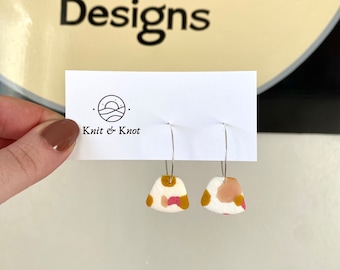 White Pink Mustard Hoop Earrings, Simple Polymer Clay Earrings, Lightweight Handmade Earrings