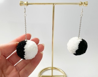 Black and White Small Pom Pom Earrings, Custom Boho Jewellery, Retro Drop Earrings, Handmade UK