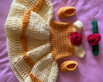 Crocheted Princess Inspired Newborn Outfit, Belle Dress, Headband & Shoes
