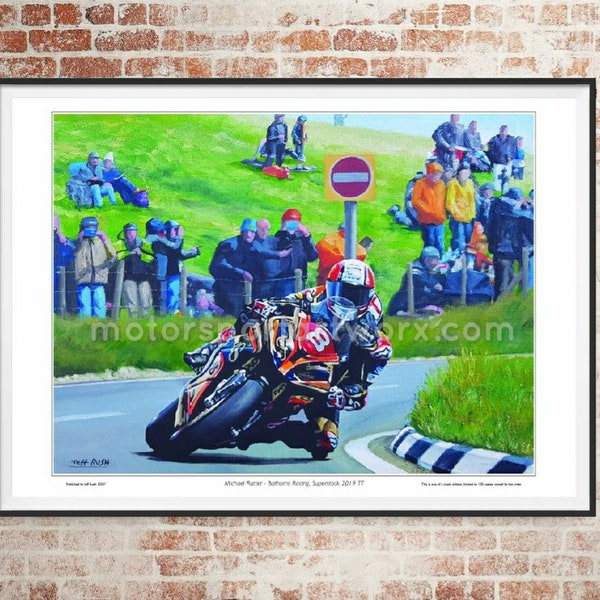 Michael Rutter, limited edition art print By Jeff Rush (Autographed by Michael Rutter) motorcycle racing art  TT poster gifts for bikers