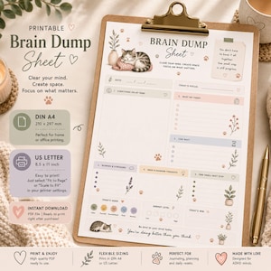 Cat Brain Dump Sheet Printable | ADHD Planner PDF | Cute Mental Reset Worksheet | Executive Function Planner | A4 & US Letter