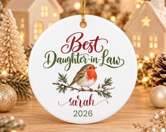 Personalized Daughter in Law Christmas Ornament, Robin Ceramic Keepsake with Name and Year