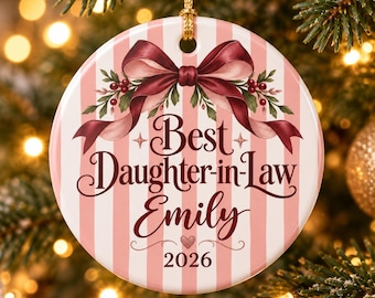 Personalized Daughter-in-Law Christmas Ornament, Ceramic Keepsake with Name, Year, Pink Stripes and Burgundy Bow