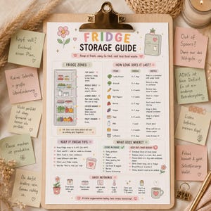 Fridge Storage Guide Printable | Kitchen Organization Cheat Sheet | Refrigerator Storage Chart | Food Storage Guide | A4 Kitchen Printable