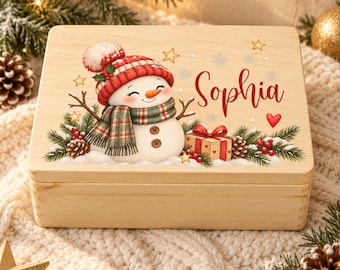 Personalized Baby Memory Box | Wooden Keepsake Box Birth with Name & Snowman | New Baby Gift