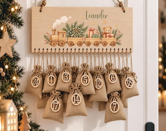 Personalized Advent Calendar with Name, Wooden Christmas Train Sign with Fabric Bags, Fill Your Own Christmas Countdown for Kids