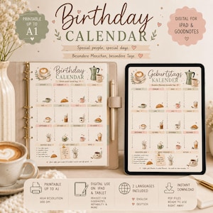 Coffee Birthday Calendar Printable Birthday Reminder Tracker  A1 Wall Planner iPad GoodNotes English German PDF Poster Coffee Lover Gift