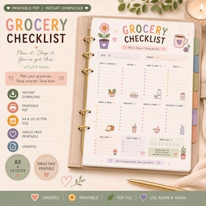 Grocery Checklist Printable PDF | ADHD Shopping Planner | Meal Planning Checklist | A4 & US Letter | GoodNotes Digital Download
