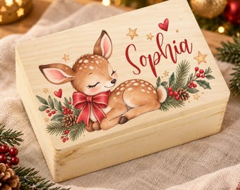 Personalized Baby Memory Box | Wooden Keepsake Box Birth with Name & Deer | New Baby Gift
