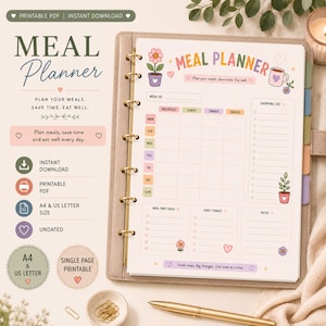 Meal Planner Printable | Weekly Meal Planner PDF | Cute ADHD Meal Planning | Grocery List | A4 & US Letter | GoodNotes Digital Download