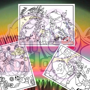 May include: Three black and white coloring pages featuring illustrations of a girl and a boy with fish, a girl with a pumpkin and tomatoes, and a girl and a boy with stars.