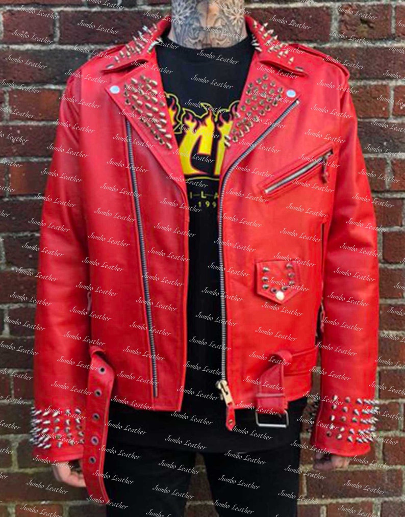 United Stylish Spiked Studded Biker Jacket Men Red Punk Gothic Unique Biker Cowhide Leather Jacket Studded Racing Jacket