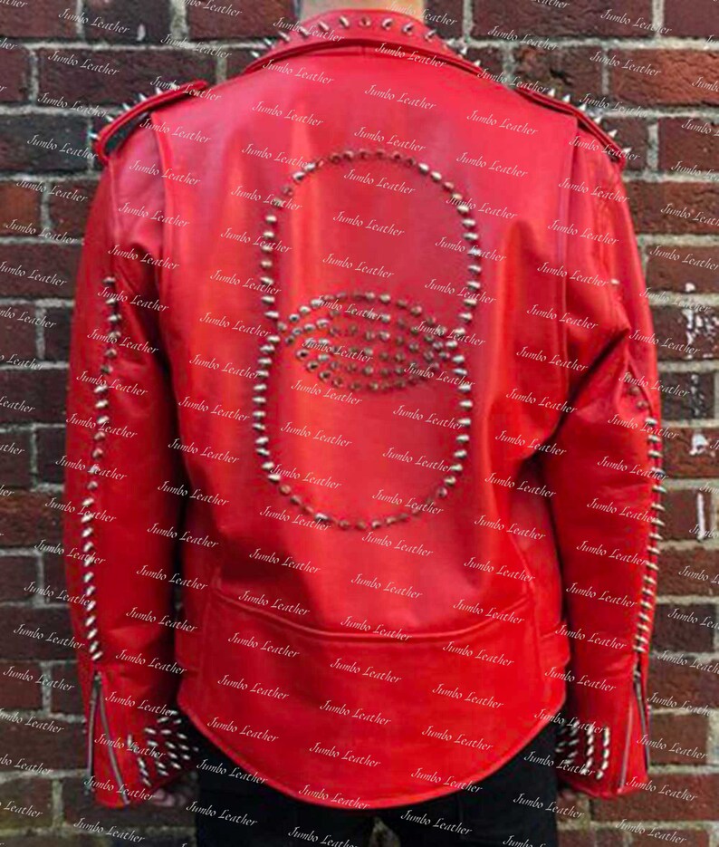 United Stylish Spiked Studded Biker Jacket Men Red Punk Gothic Unique Biker Cowhide Leather Jacket Studded Racing Jacket