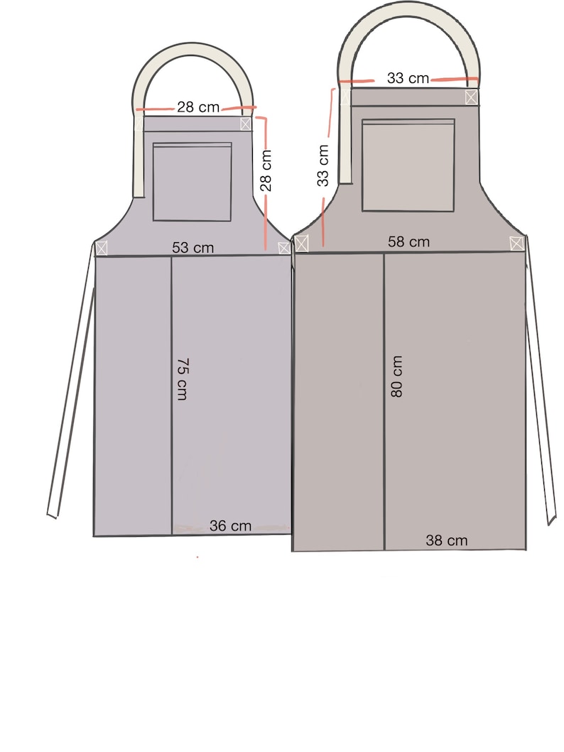 Measurements for standart and plus size aprons. preperation time for plus size aprons is 3-5 working days.