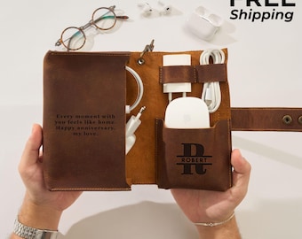 Handmade Leather Charger Holder, Cable Organizer Christmas Gift for Dad, Husband, Boyfriend
