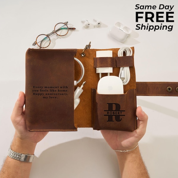 Handmade Leather Charger Holder, Cable Organizer Christmas Gift for Dad, Husband, Boyfriend