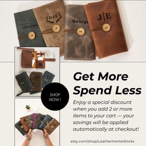 May include: A collection of personalized leather journals and accessories in various shades of brown and gray. Each journal features a wooden button closure and custom engraving with names or initials. The image also includes the text "Get More Spend Less".