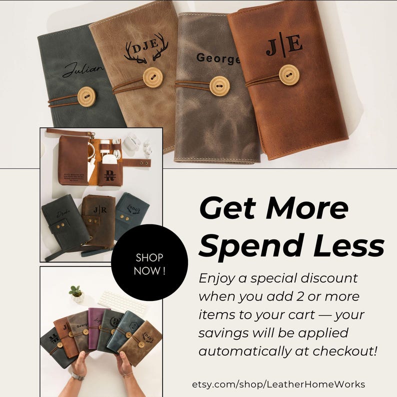 May include: A collection of personalized leather journals and accessories in various shades of brown and gray. Each journal features a wooden button closure and custom engraving with names or initials. The image also includes the text "Get More Spend Less".