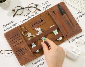 Leather Cable Organizer: Personalized Tech Pouch, Corporate Gift, Coworker Gift, Travel Accessories, Holiday Gift
