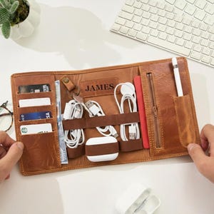 Personalized Leather Tech Travel Organizer Fathers Day Gifts, Cable Organizer Gifts For Dad From Wife, Grandpa Grandfather Boyfriend Gift