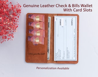 Aesthetic Leather Checkbook Wallet Women Men, Personalized Custom Engraved Business Checkbook Gift, Slim Long Checkbook Register Holder