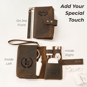 May include: A brown leather tech organizer with a wrist strap, snap closure, and engraved initials. The interior reveals compartments for chargers, cables, and small electronics. Text on the front says "Add Your Special Touch".