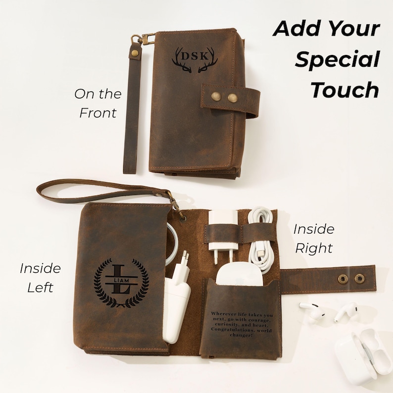 May include: A brown leather tech organizer with a wrist strap, snap closure, and engraved initials. The interior reveals compartments for chargers, cables, and small electronics. Text on the front says "Add Your Special Touch".