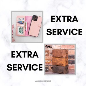 May include: Two images showing extra services offered by Leatherhomeworks. The first image shows a pink phone case with a wallet attached. The second image shows three leather toiletry bags stacked on top of each other. The bags are brown, tan, and dark brown. Each bag has a name engraved on it: "Dritz", "KLM", and "Henry".