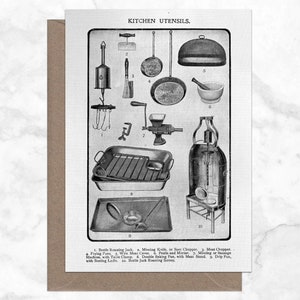 Utensílios de cozinha Vintage ilustrado A6 Cartão de felicitações | Nota de agradecimento | Sra. Beeton, vitoriana, culinária, britânica, tradicional