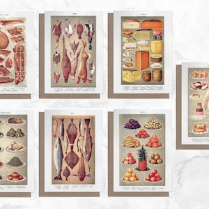 May include: Set of 10 vintage illustrated cards featuring different food categories:  "Bacon & Pork", "Game", "Cheese", "Fruit", "Fish", "Vegetables", "Pastry", "Salads". Each card has a title and a list of the food items depicted.