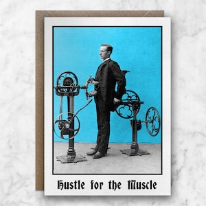 Hustle for the Muskel - A6 Humorkarte für Fitness Fanatiker: Gewichte, Krafttraining, Fitness-Studio, lustig, Sport, Premium, Business, Anzug