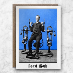 Beast Mode - Tarjeta humorística tamaño A6 para fanáticos del fitness: pesas, entrenamiento de fuerza, gimnasio, divertido, vintage, victoriano, negocios, traje, británico, hombres