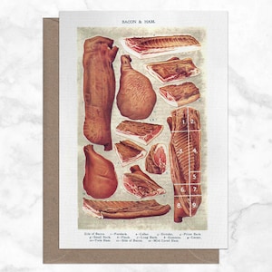 Cartão de Saudações Vintage A6 Ilustrado com Bacon e Presunto | Nota de Agradecimento | Comida, Sra. Beeton, Vitoriano, Proteína, Britânico, Carne, Açougueiro