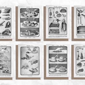 Conjunto de oito ilustrações de culinária vintage em preto e branco A6 Cartões de felicitações | Notas de agradecimento | Em branco, britânico, vitoriano, comida