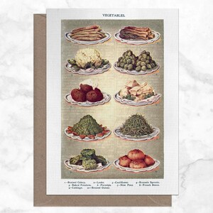 Plats de légumes illustrés carte de voeux A6 vintage | Merci | Végétalien, Végétarien, Mme Beeton, Victorien, Britannique, Nature
