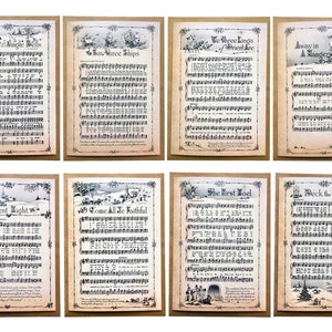 Set di otto grandi biglietti di auguri natalizi in formato A5 / Folklore, tradizionale, britannico, musicale, spartiti, cristiano, stile vintage