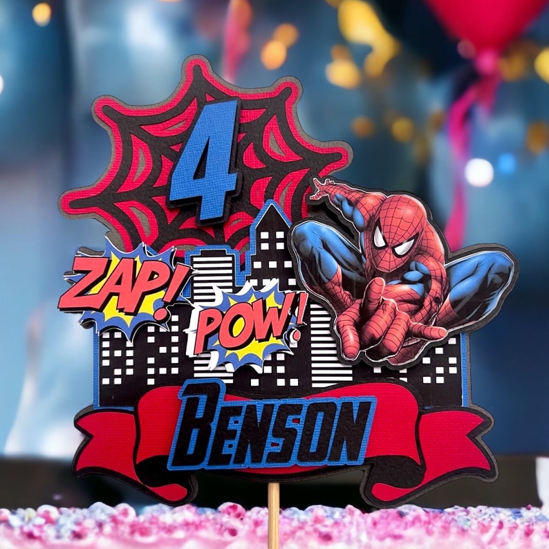 Spider 10th Birthday Cake Topper - Blue & Red Glitter Superhero Decor