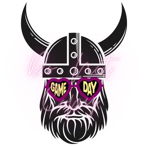 May include: A black and white illustration of a Viking with a horned helmet and a long beard. The Viking is wearing heart-shaped sunglasses with the words "GAME DAY" in yellow.