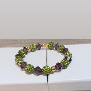 Swarovski Amethyst Crystal and Green Rhinestone Beaded Bracelet, Handmade Bracelet, Stretchy Bracelet